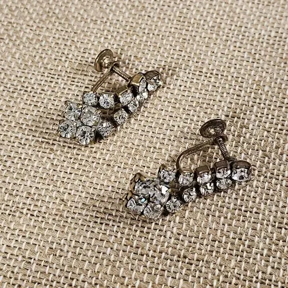 Antique 20s Earrings Screw-backs Rhinestone Art Deco Glam Lux - Picture 2 of 4